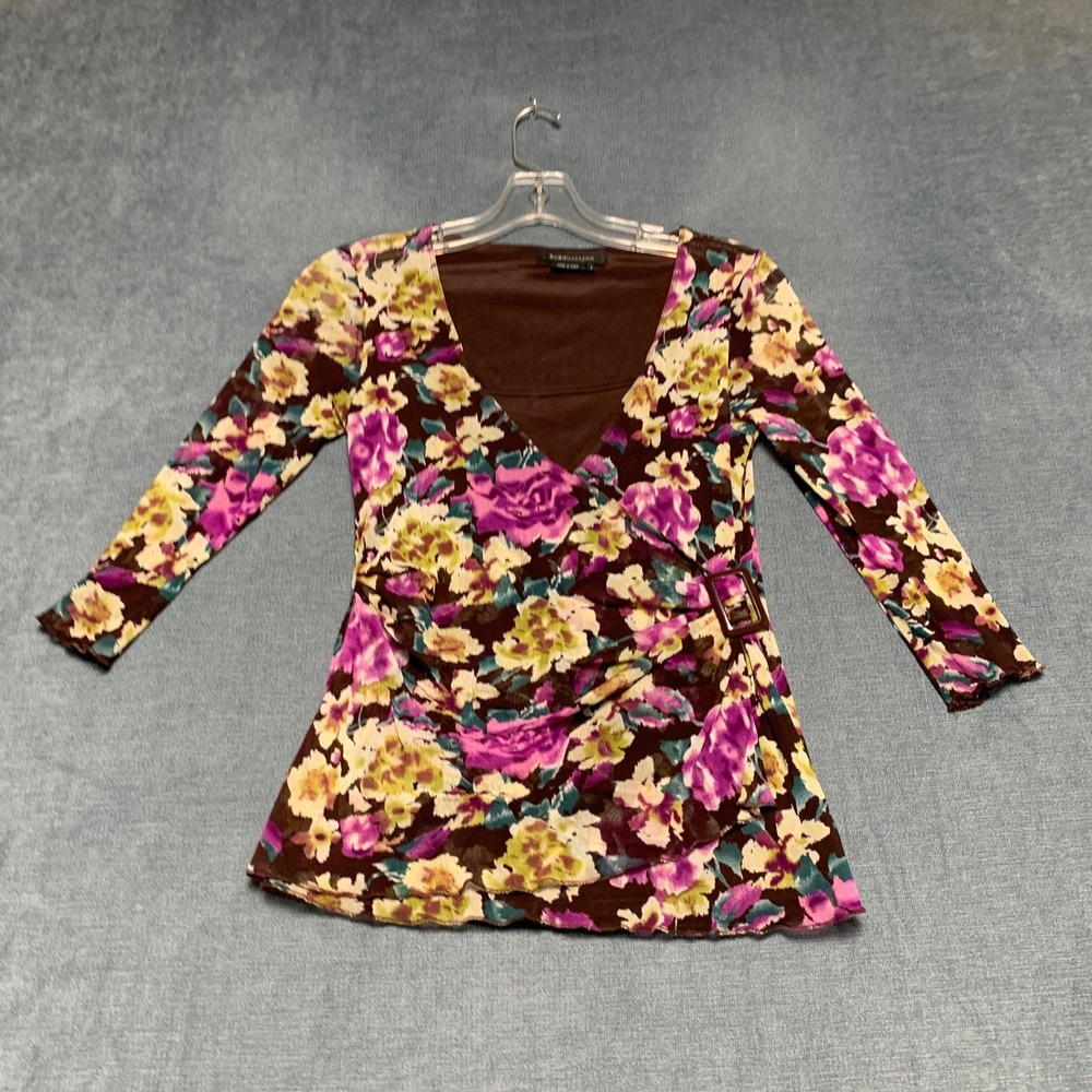 BCBGMAXAZRIA Blouse Top Womens S Multicolor Floral Ruched Side Buckle Bohemian
